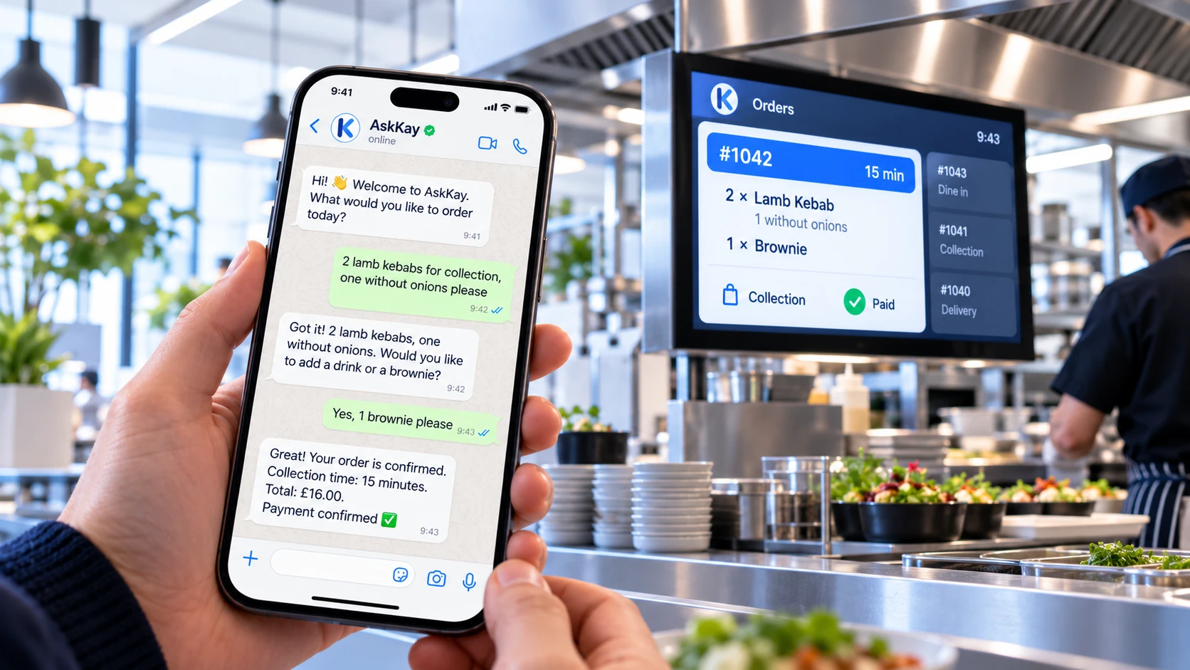 Customer ordering on WhatsApp via AskKay, with the order appearing on the kitchen screen